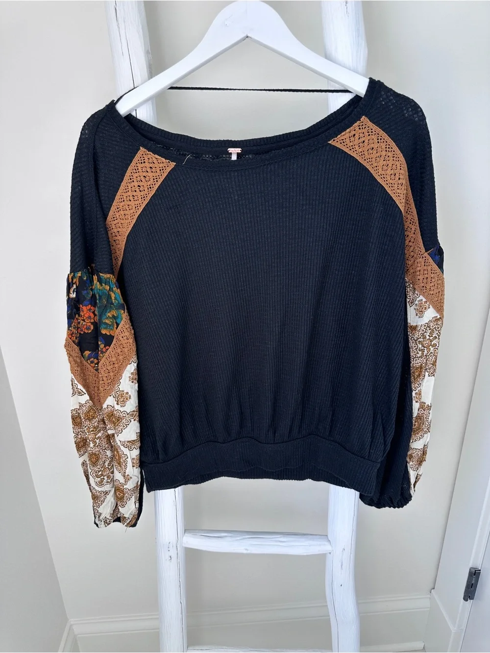 Free People Black Waffle Knit Shirt with Gold Paisley Balloon Sleeves Size L
